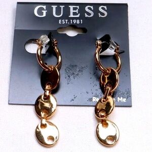 Guess Hoop Disc Drop Earrings Gold Tone New